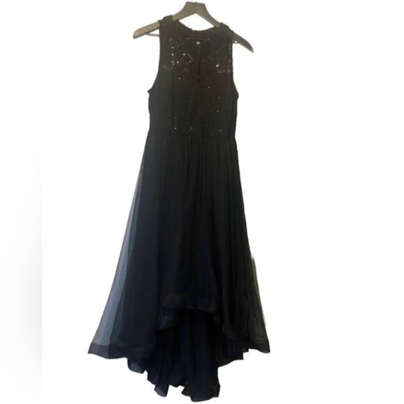 black tulle sequined Hi Low maxi dress Gown / Prom Event Homecoming Size Large - Picture 1 of 12